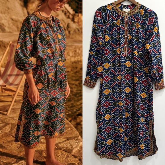 Sezane Dresses & Skirts - Sezane Robe Glorina Midi Dress in Candy Multicolor Ikat Print Embroidered Trim